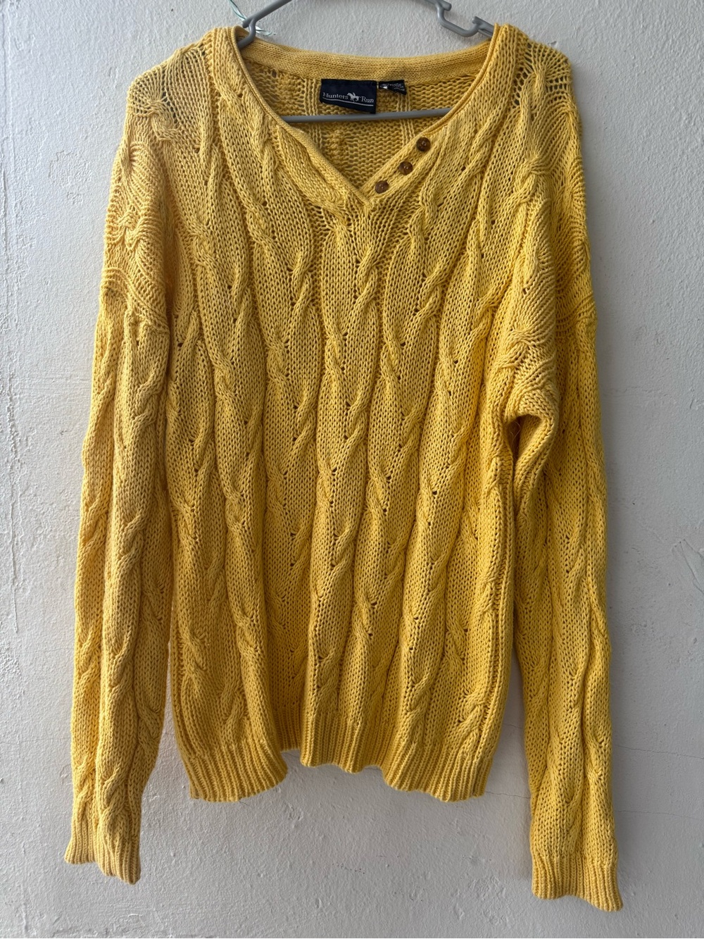 Lands' End Yellow Cable V-Neck Sweater with Button Detail